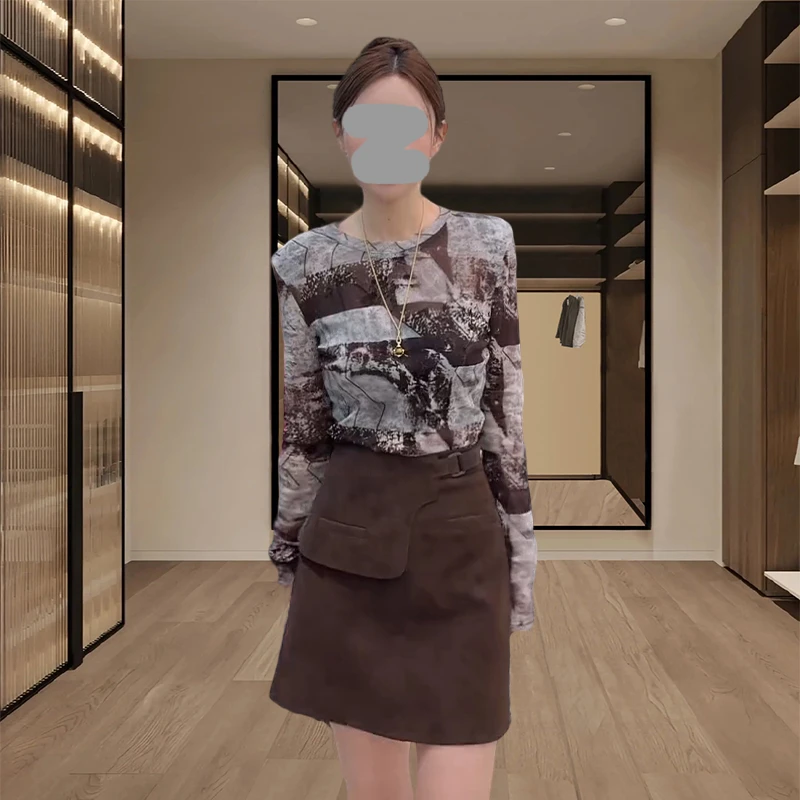 网红洋气炸街套装女2025春秋新款复古扎染长袖打底衫半身裙两件套