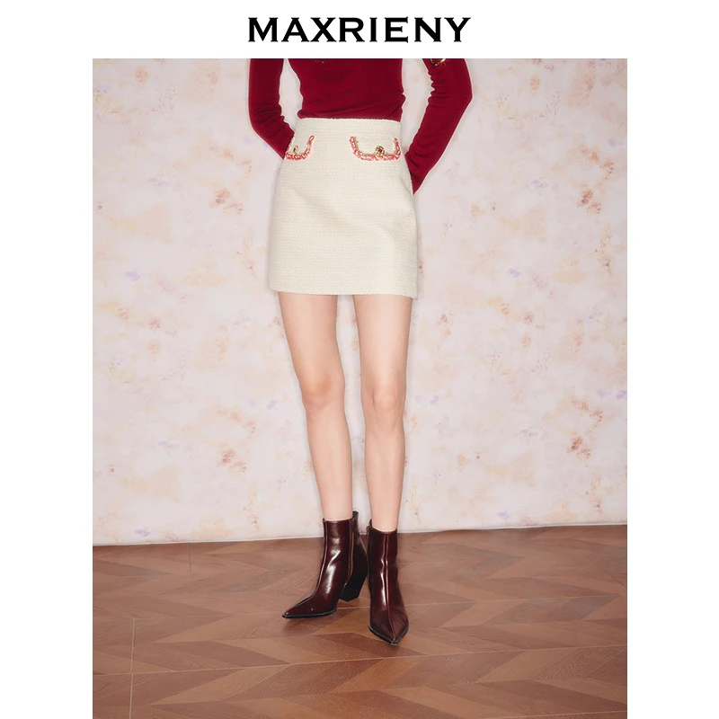 【商场同款】MAXRIENY千金小香风穿搭直身半裙羊毛混纺花纱短裙冬