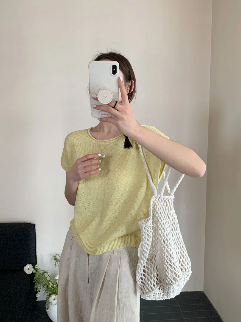 【潘潘.688855】2025年夏新款天爽亚麻圆领无袖纯色针织衫