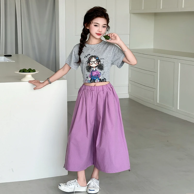女童夏季套装2025新款洋气大童短袖t恤夏装裙裤儿童阔腿裤两件套
