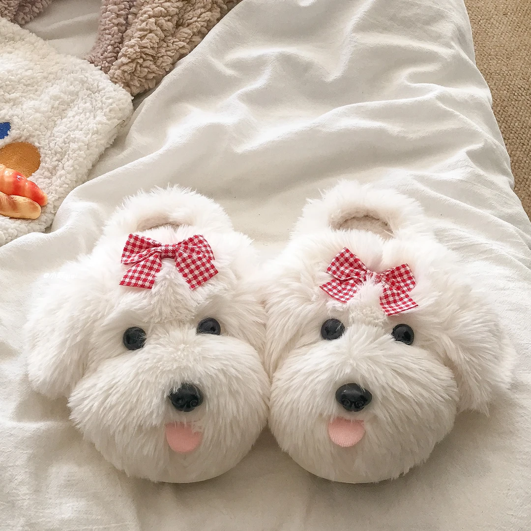 可爱小狗棉拖鞋女2025新款室内防滑学生宿舍保暖加绒棉拖毛毛拖鞋