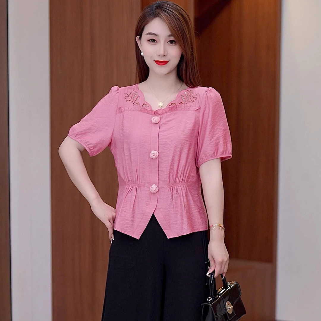 拉夏贝尔纯色系时尚短袖衬衫女2025夏新款收腰上衣小个子气质上衣