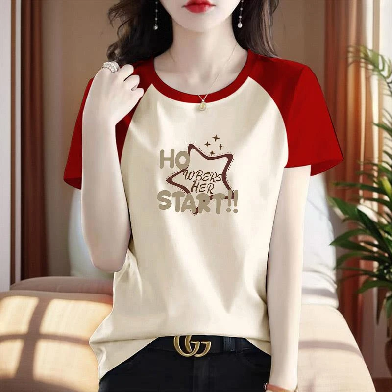 纯棉韩版短袖新款2025夏季百搭遮肉t恤宽松圆领显瘦印花休闲上衣