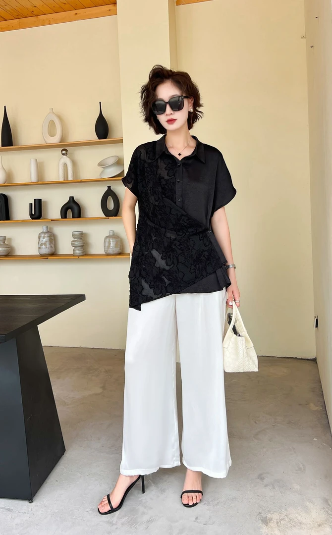 新款人丝提花不规则上衣227#裤子9966#