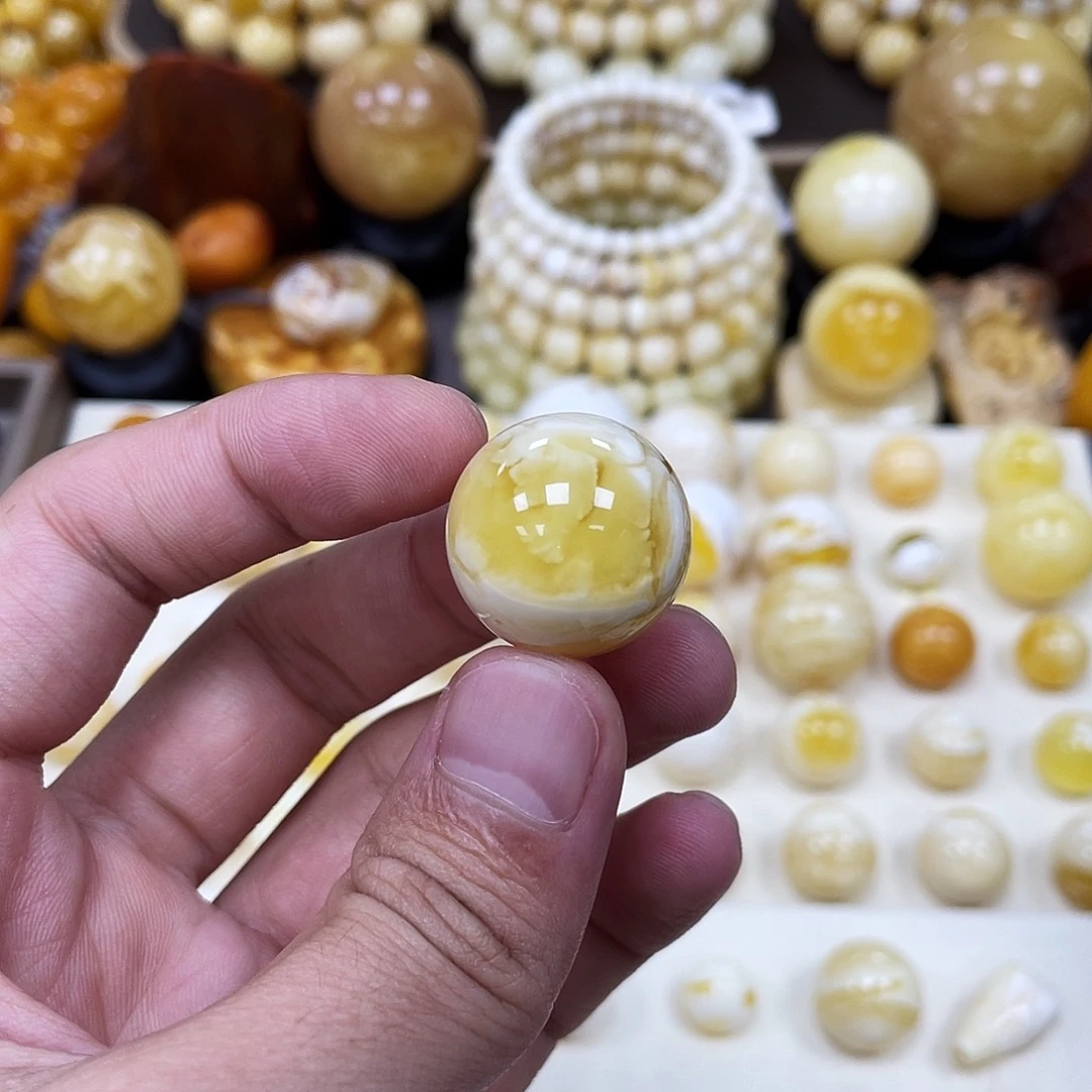 蜜蜡未镶嵌珠宝奇石21.8mm【溶洞妖花金瓷白】圆珠