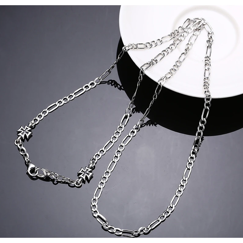 链子925银 太角链双扣头十字花四叶草眼镜链 潮项链