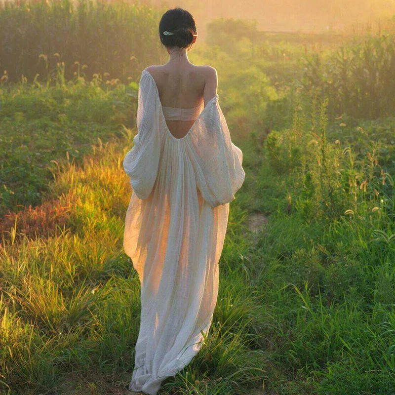 【现货秒发】泡泡袖小众连衣裙露背宽松沙滩长裙夏慵懒风新中式禅意