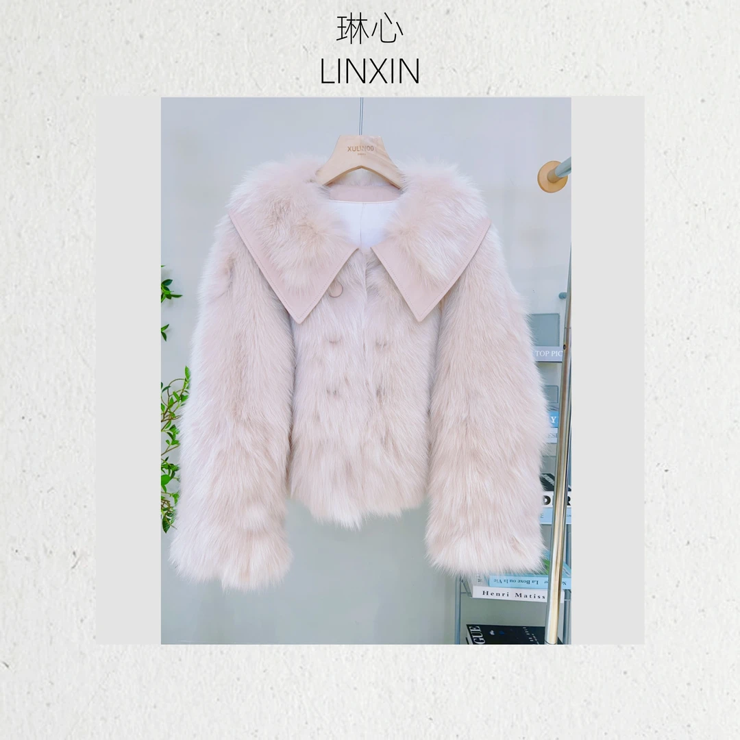 琳心2024冬季新款气质时尚轻奢粉色双排扣衬衫领开衫外套0649