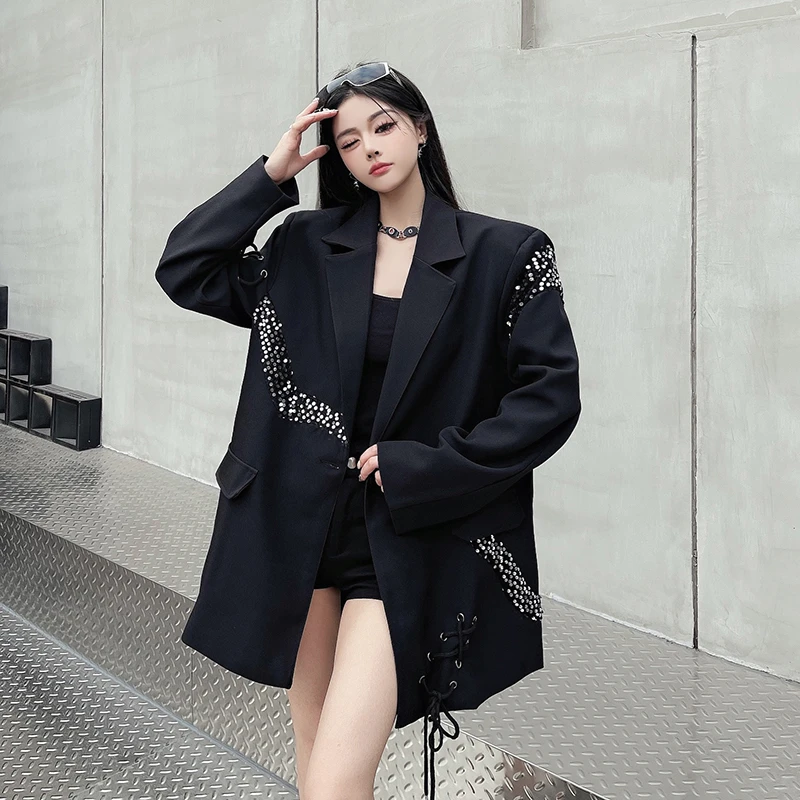 春季山本暗黑系ins潮流拼接亮片西装外套女装绑带设计感西装青年