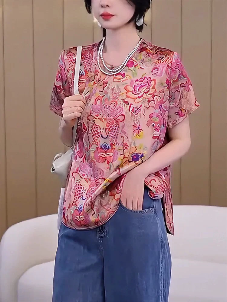【锦鲤】新中式国风印花短袖T恤女夏季2025气质百搭圆领薄款上衣