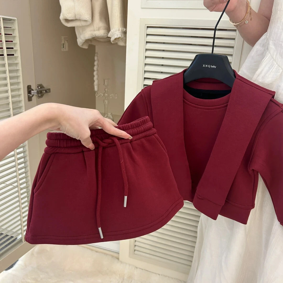 女童休闲纯色加绒款秋冬套装2025冬季长袖加绒上衣披肩短裙三件套