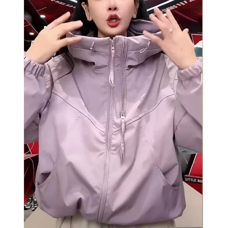 韩系爆款双拉链设计感纯色连帽防晒衣外套女2025春夏休闲短款上衣