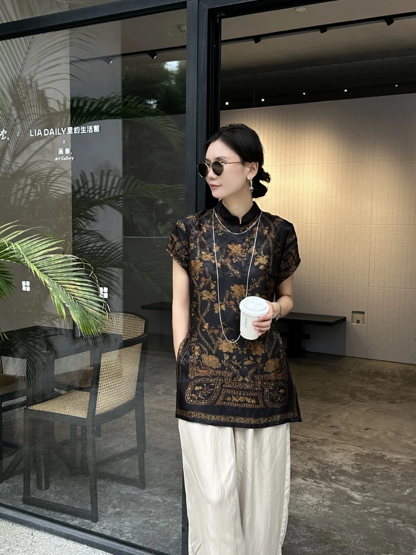 Momo2025夏季桑蚕丝新中式国风上衣香云纱气质款复古夏季薄款