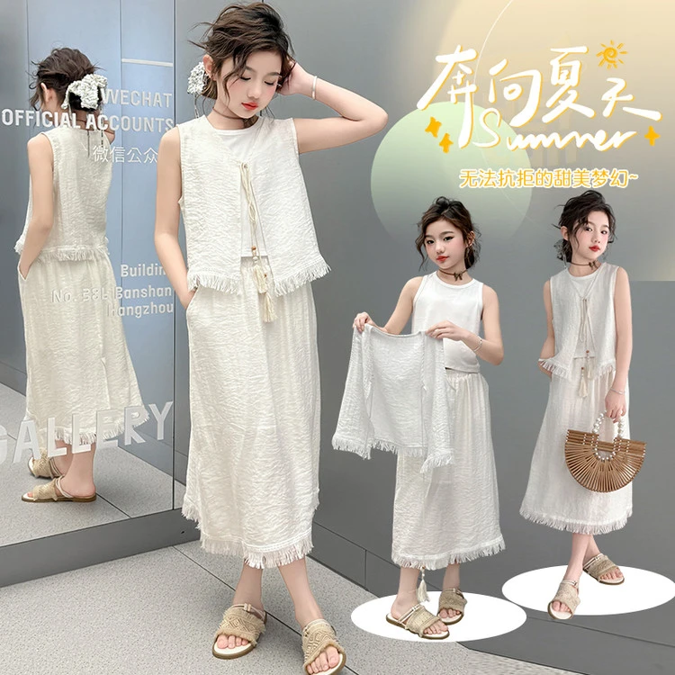 女童套装2025新款夏季洋气时髦中大儿童休闲流苏马甲阔腿裤三件套
