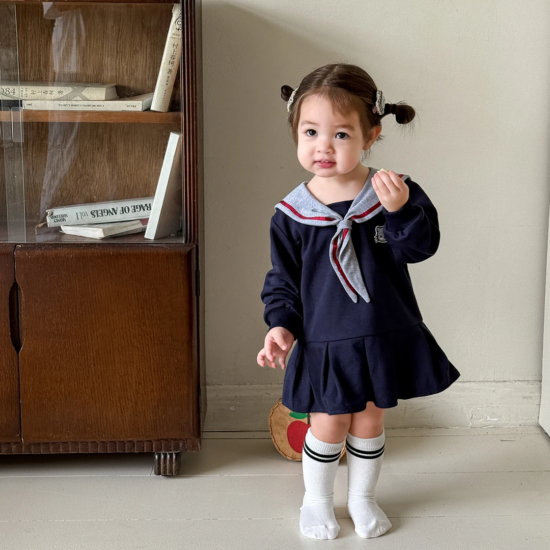 D5188女童秋季连衣裙2025新款海军风长袖一周岁女孩衣服女宝裙子