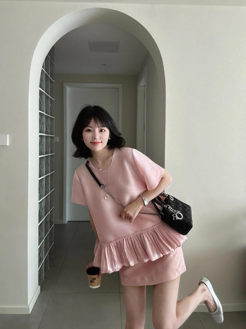 2025夏季新款超好看法式甜美减龄褶皱短袖上衣显瘦半身裙套装女
