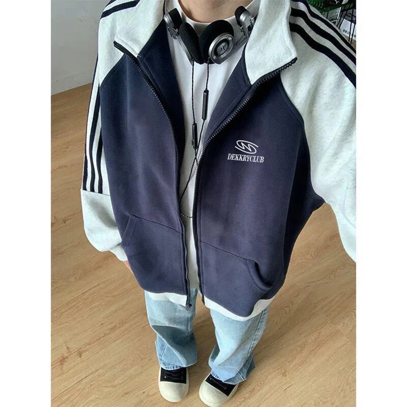 美式个性ins字母印花拼接三条杠卫衣男女秋冬季宽松立领拉链外套