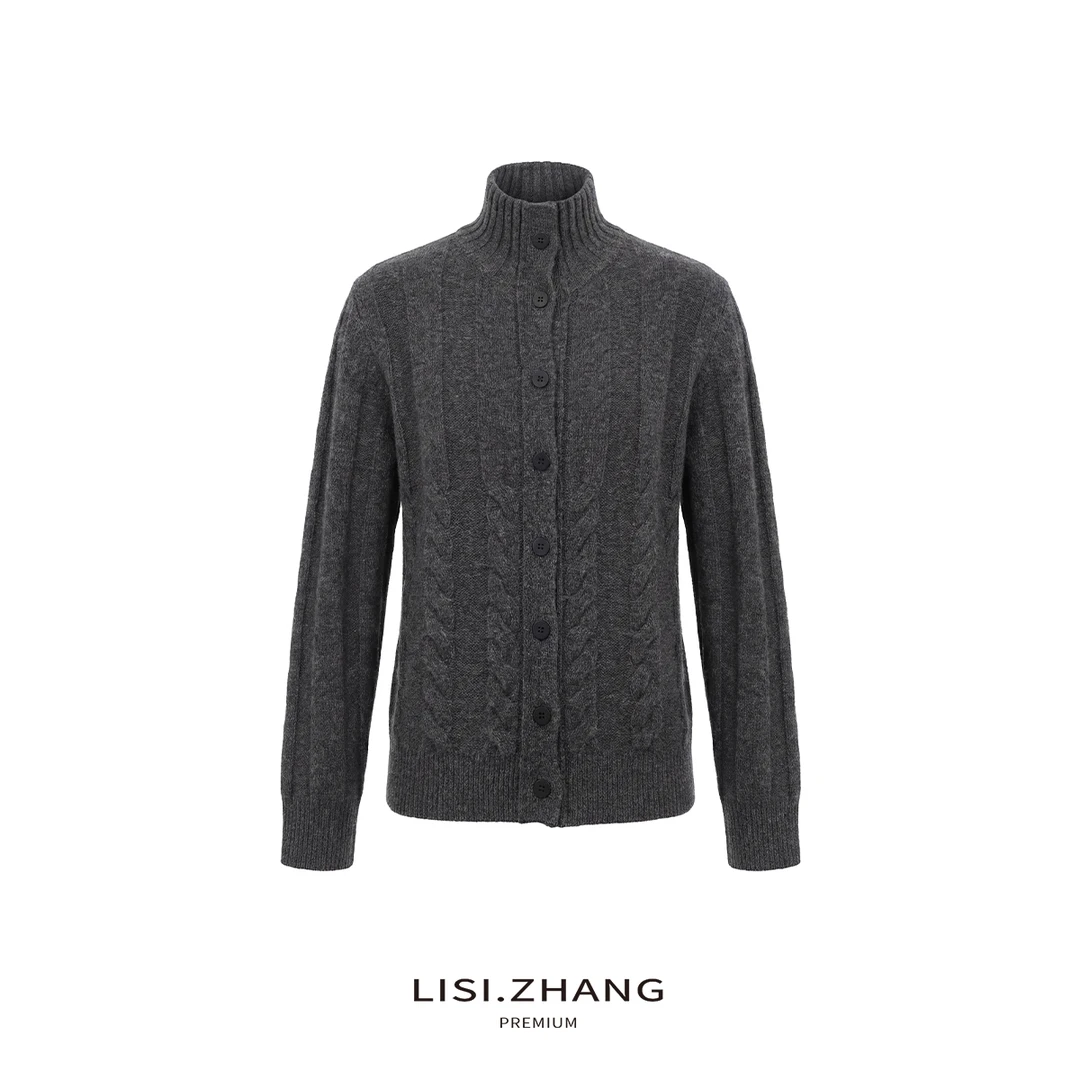 LISI.ZHANG--【高领羊毛针织开衫】坑条麻花肌理纯色百搭休闲针织衫