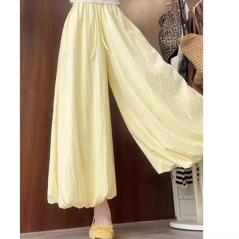 黄色花苞裙裤夏季薄冰丝灯笼裙温柔风半身裙高腰慵懒休闲阔腿裤女