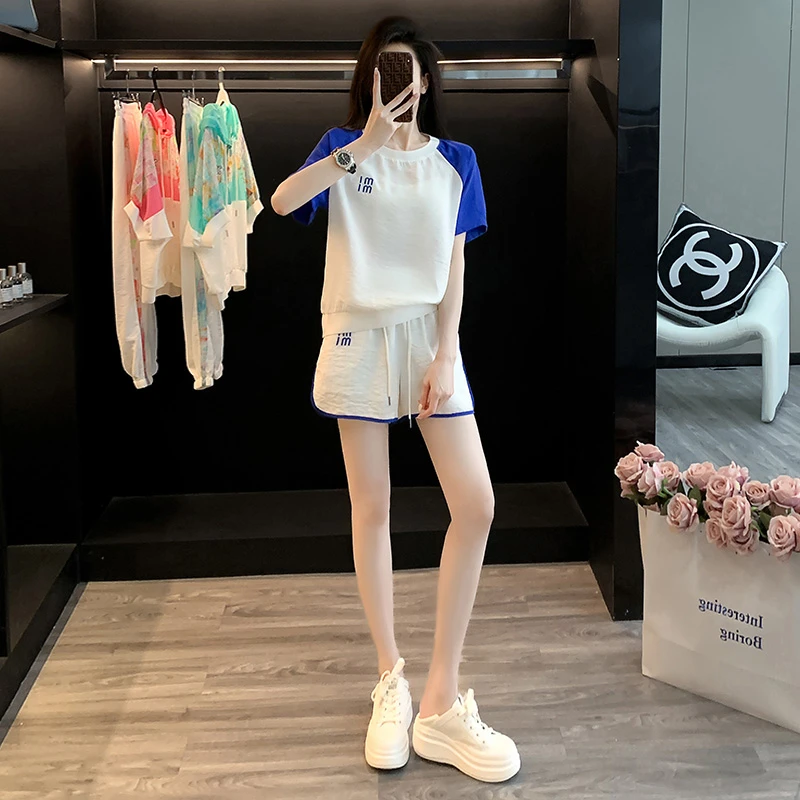 欧货短袖休闲运动套装女夏季2025新款时尚洋气撞色短裤气质两件套