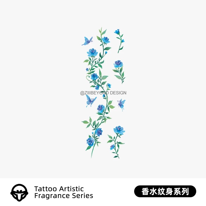 再变 蓝花藤彩色香水纹身贴纸防水持久多巴胺女高级感花臂纹身贴
