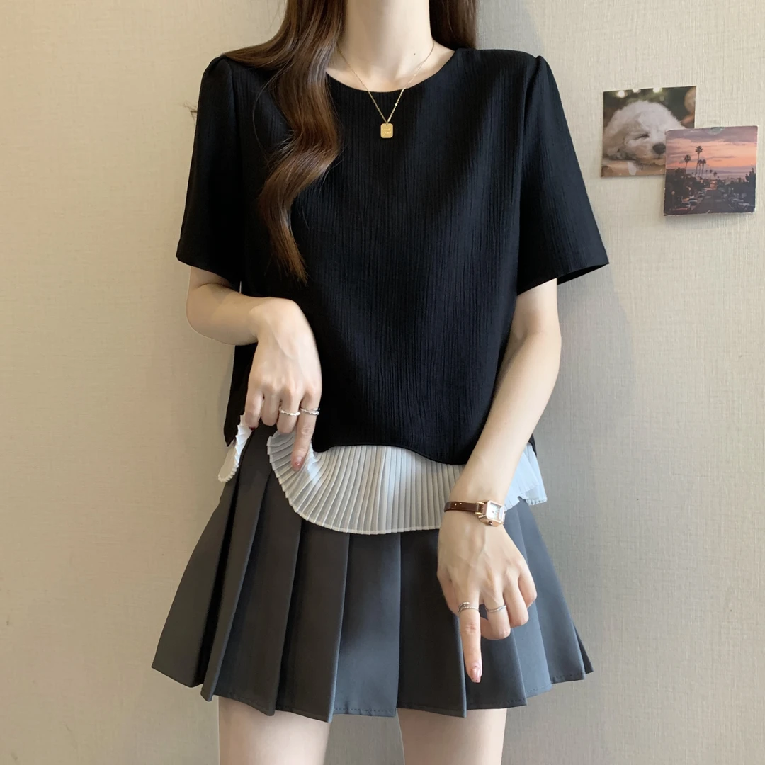 大码遮肚子正肩小香风打底衫女夏胖mm宽松显瘦百搭短袖上衣雪纺衫