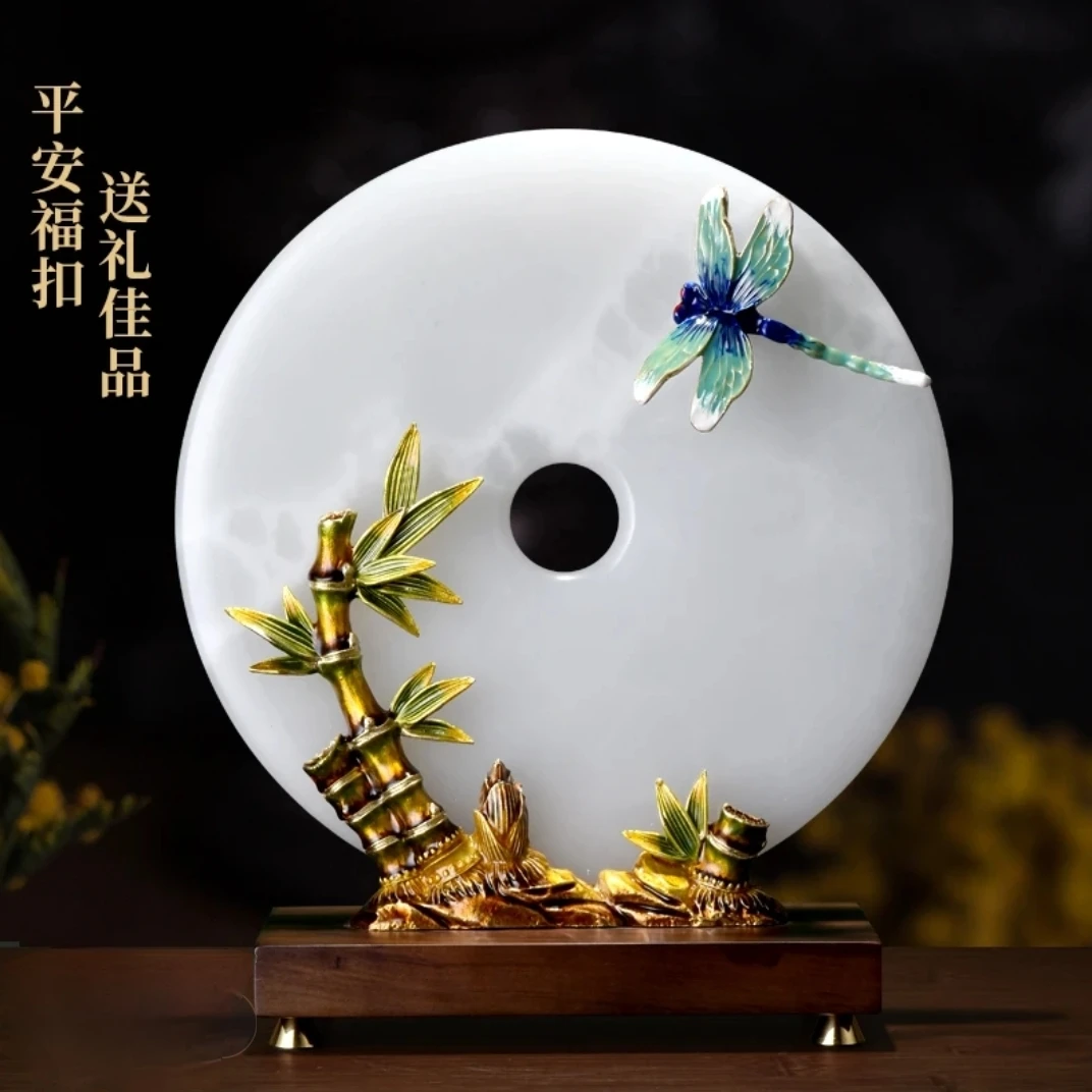 珐琅彩高档新中式端电视柜玉石平安扣陶瓷玄关摆件创意乔迁礼品