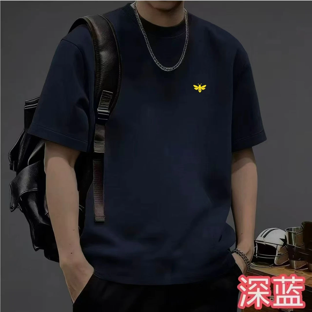 双纱超细纯棉三本针短袖休闲百搭圆领运动夏春季男士T恤（小蜜蜂）