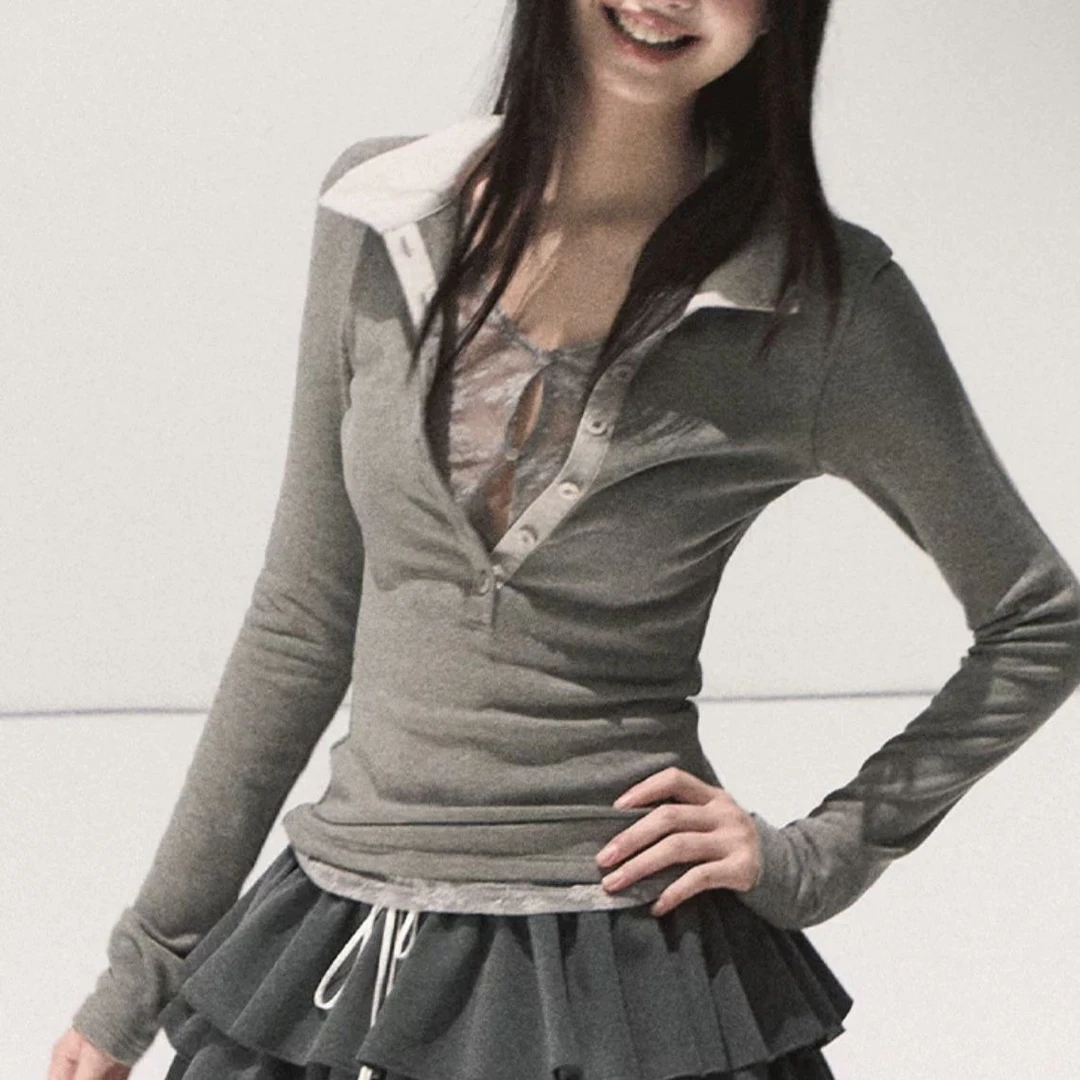 28731#大码假两件长袖拼接蕾丝设计感显瘦打底衫（无运险）