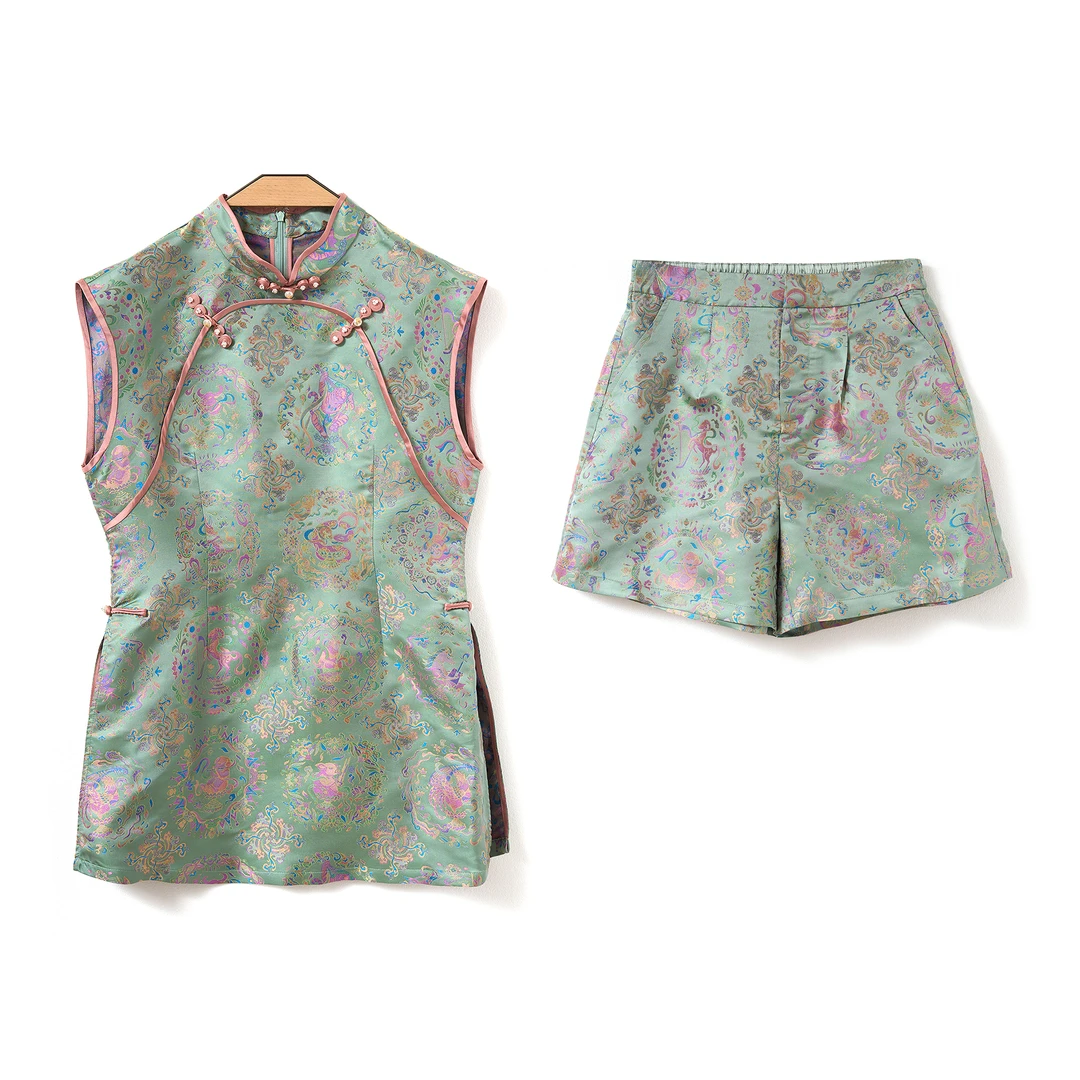 『绮翎Elegany 』清水出芙蓉夏季新款国风宋锦盘扣桑蚕丝裤装