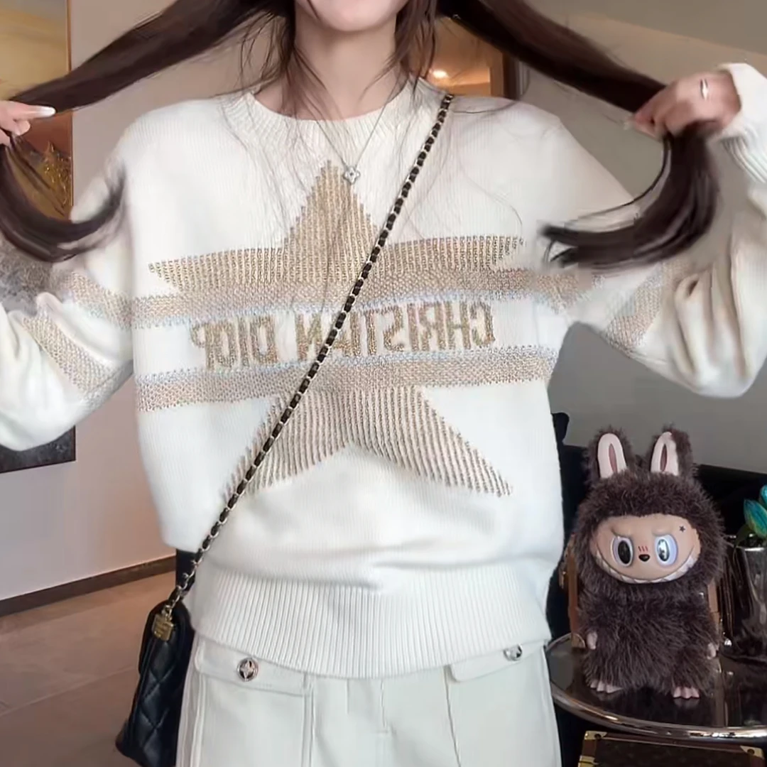 设计感金丝字母星星刺绣百搭针织衫2025秋冬新款时尚圆领套头毛衣