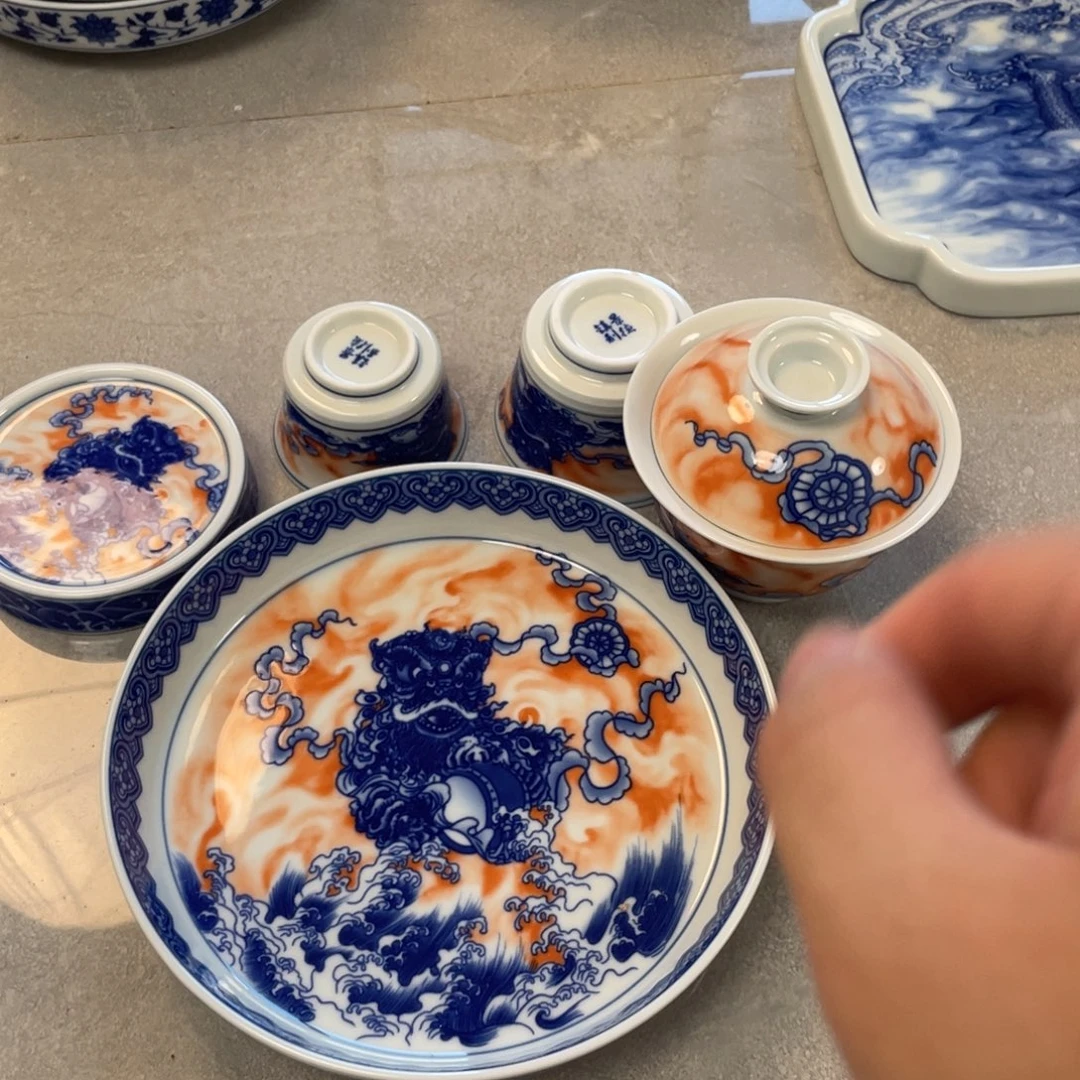 瓷片景德镇梵红醒狮五件套