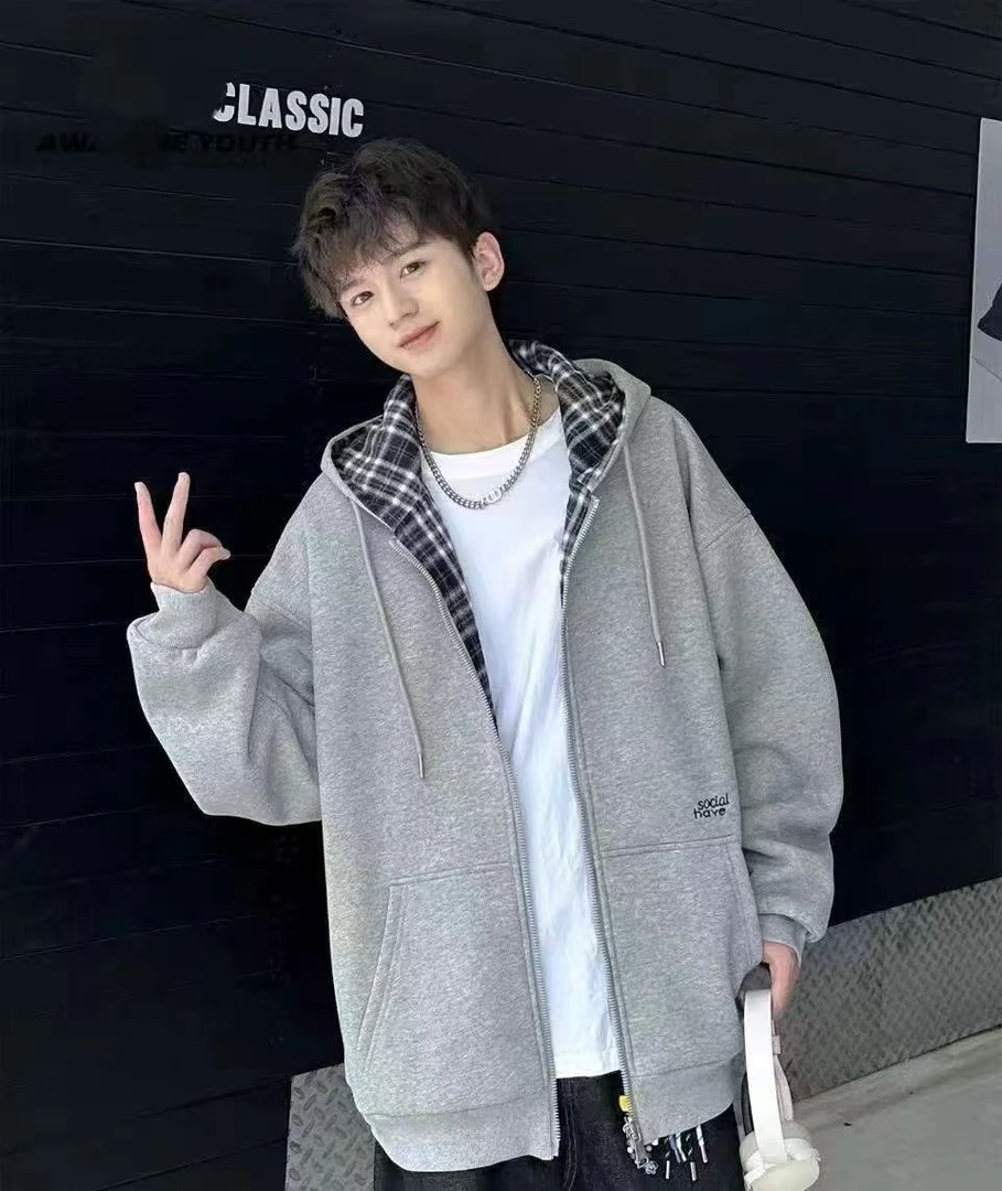 青少年一体绒格子连帽秋冬款外套 K8066 (150-190)