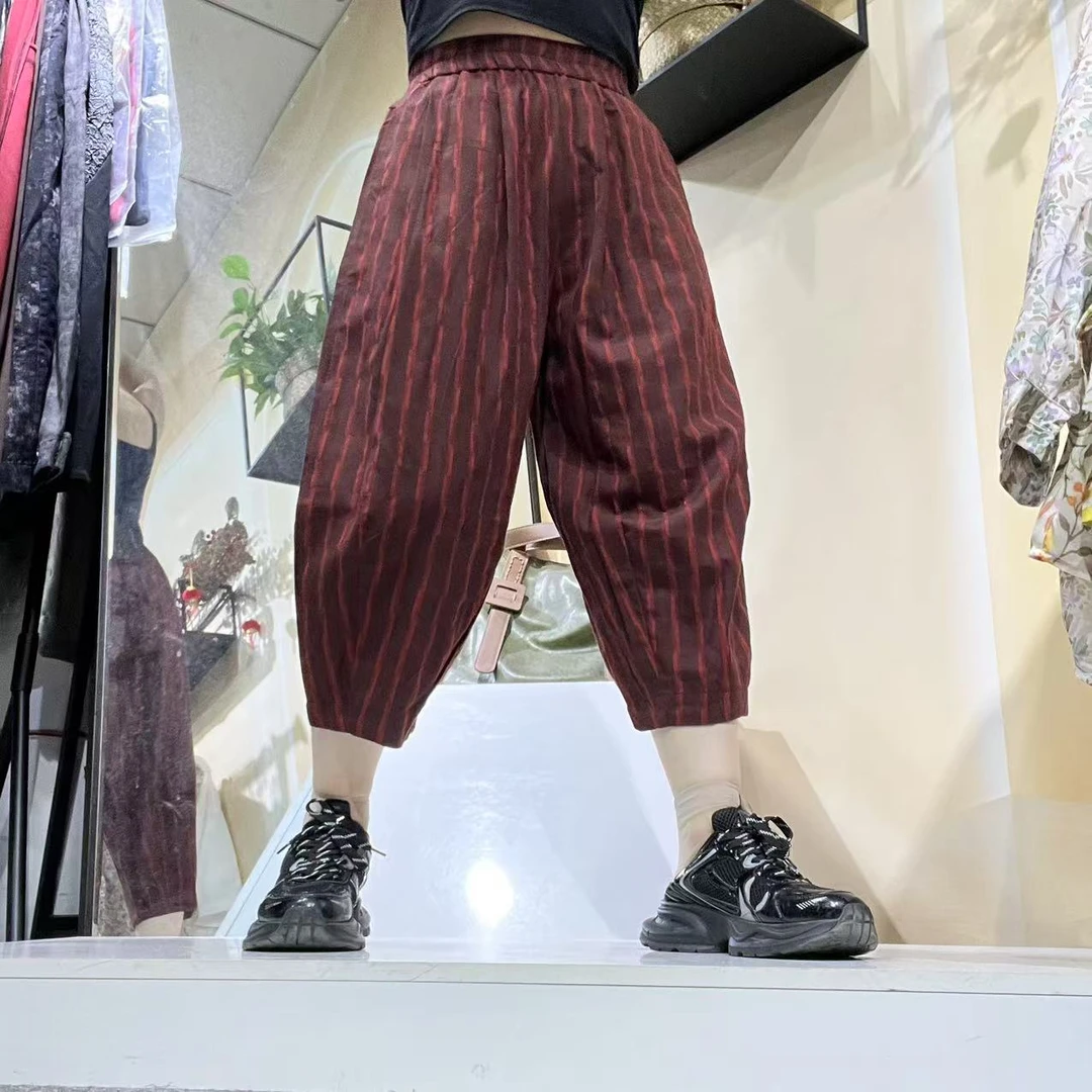 时尚站（D3）女士格条纹七分时尚萝卜休闲裤9019