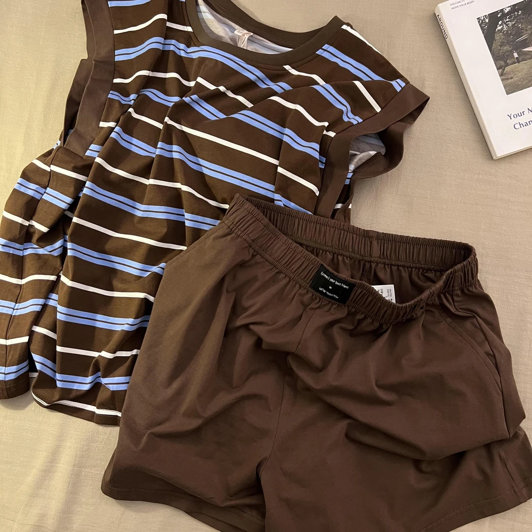 韩系少女拼色条纹背心睡衣女款夏季休闲大码显瘦家居服套装可外穿