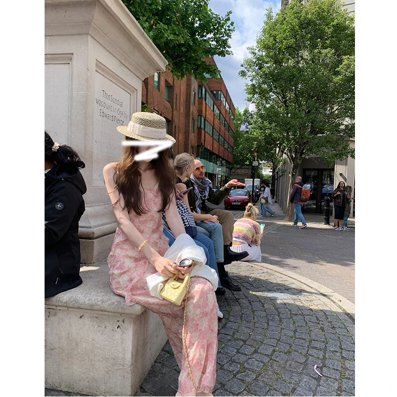 蝴蝶替身 夏季两色碎花v领吊带长裙气质甜美优雅无袖吊带连衣裙女