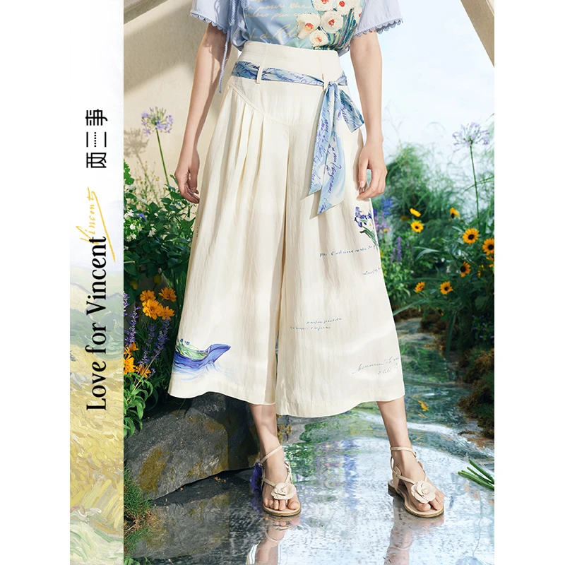 两三事梵高文艺 椰风眠昼 2025夏季新款复古印花绑带阔腿休闲裤女
