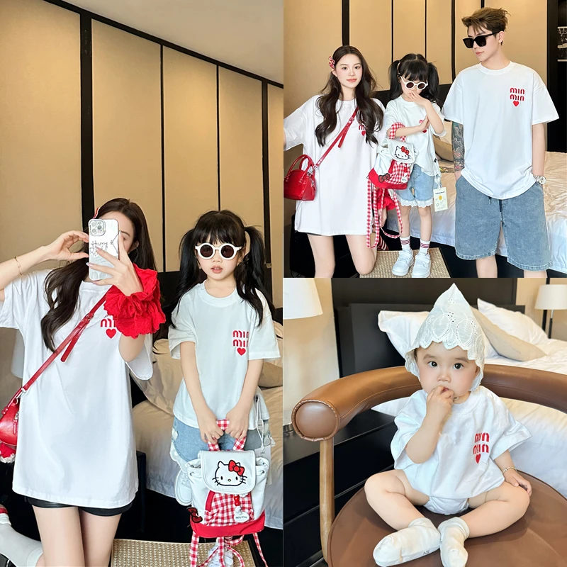 2025夏装新款亲子装一家三口英文短袖T恤儿童婴童爬服连体衣6671