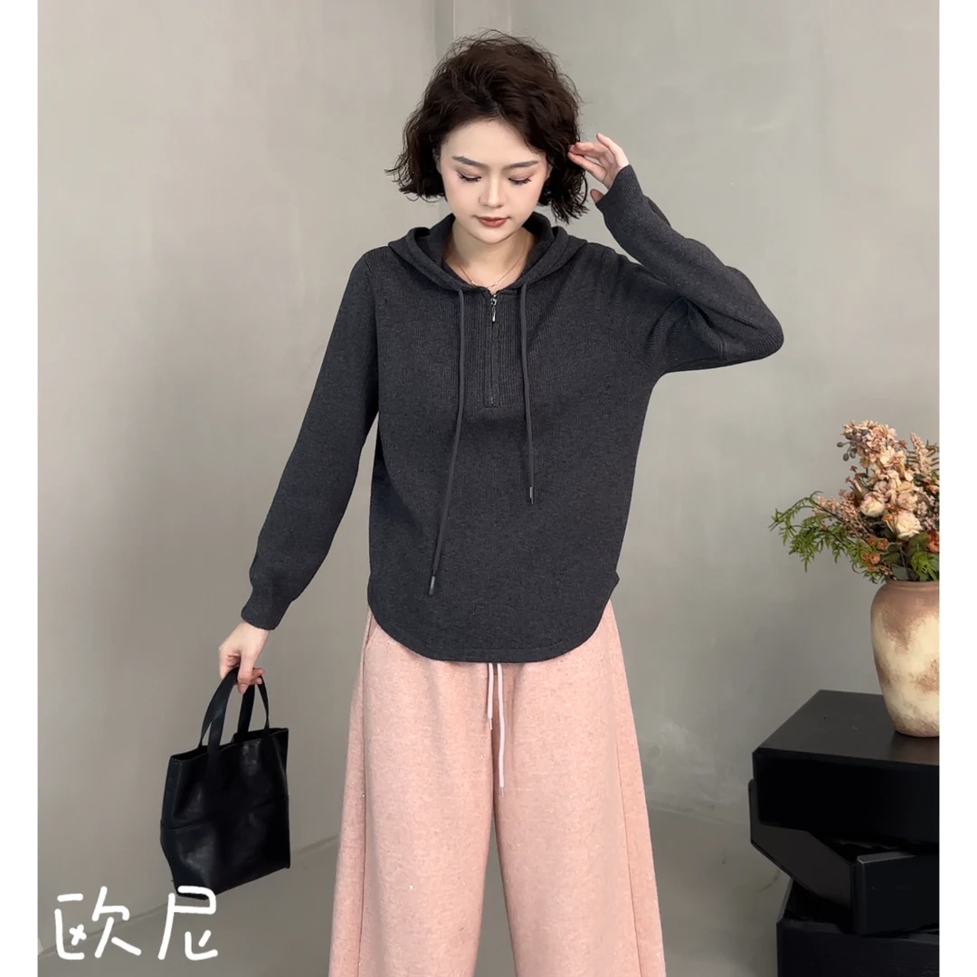 欧尼私服 2025秋季新款半拉链连帽针织衫休闲上衣2510C6431