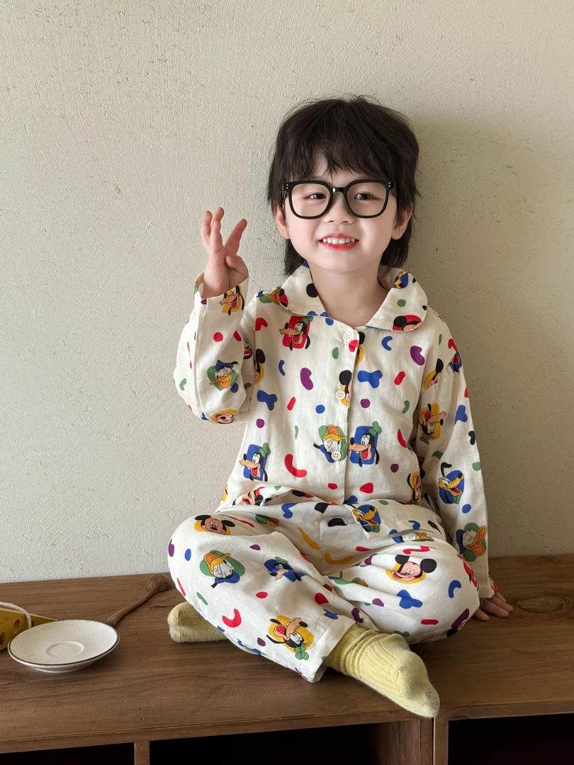 春秋装儿童双层纱布睡衣A类中小童开衫长袖男女童宝宝宽松家居服