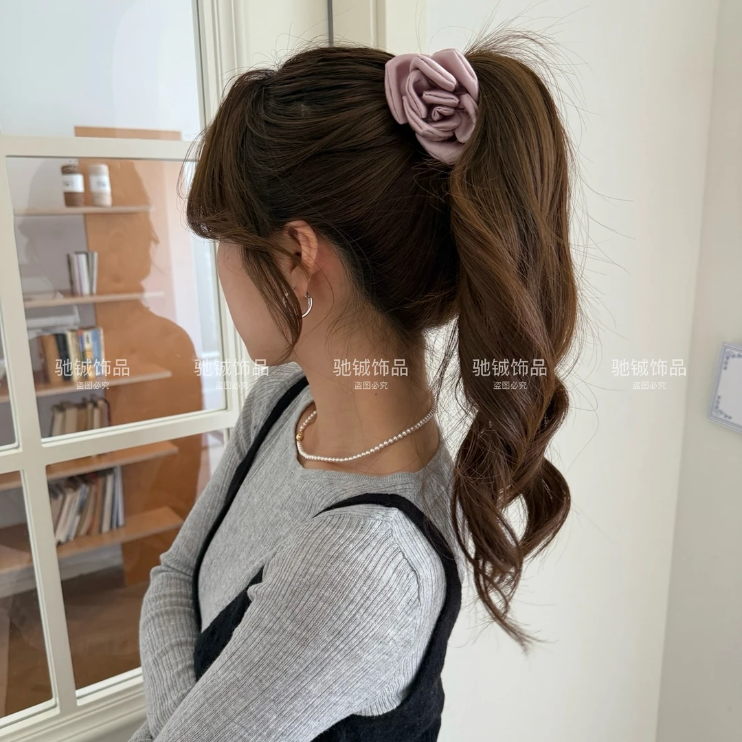 高定版～韩系双面立体玫瑰丸子夹法式复古缎面高马尾固定抓夹神器