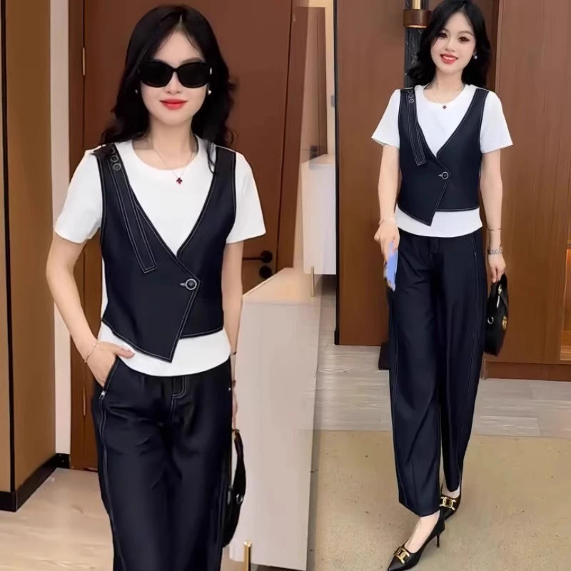 时尚牛仔套装女夏季新款洋气假两件拼接短袖上衣高腰直筒裤两件套