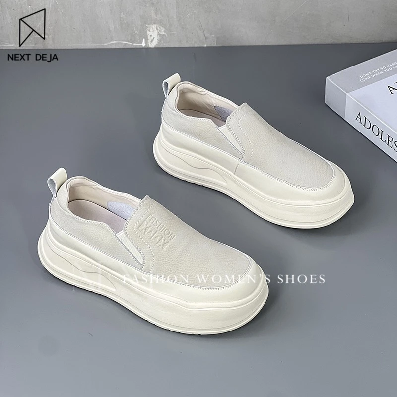 真皮厚底乐福鞋女2025秋季新款软底时尚休闲懒人一脚蹬透气小白鞋