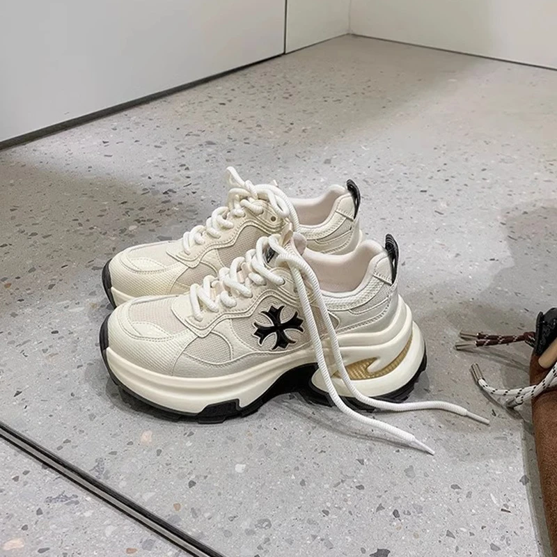 7.5cm~真皮十字花厚底老爹鞋女春季新款透气跑步鞋休闲百搭运动鞋