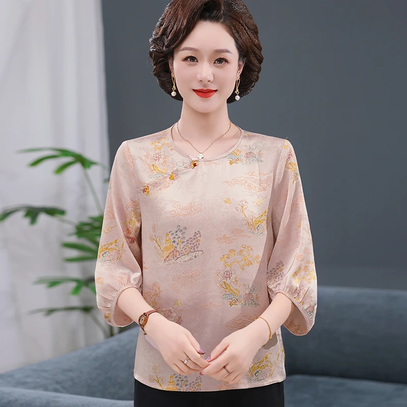 妈妈夏装雪纺印花中袖上衣中老年女2025新款时尚圆领T恤气质小衫