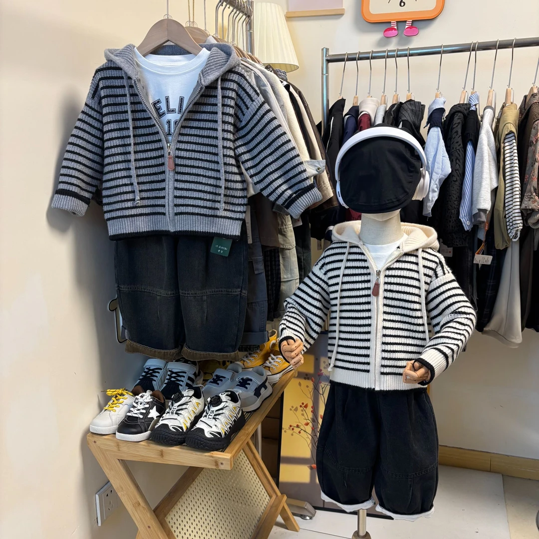 儿童开衫毛衣男童条纹拉链外套2025秋季新款洋气韩版连帽针织衫