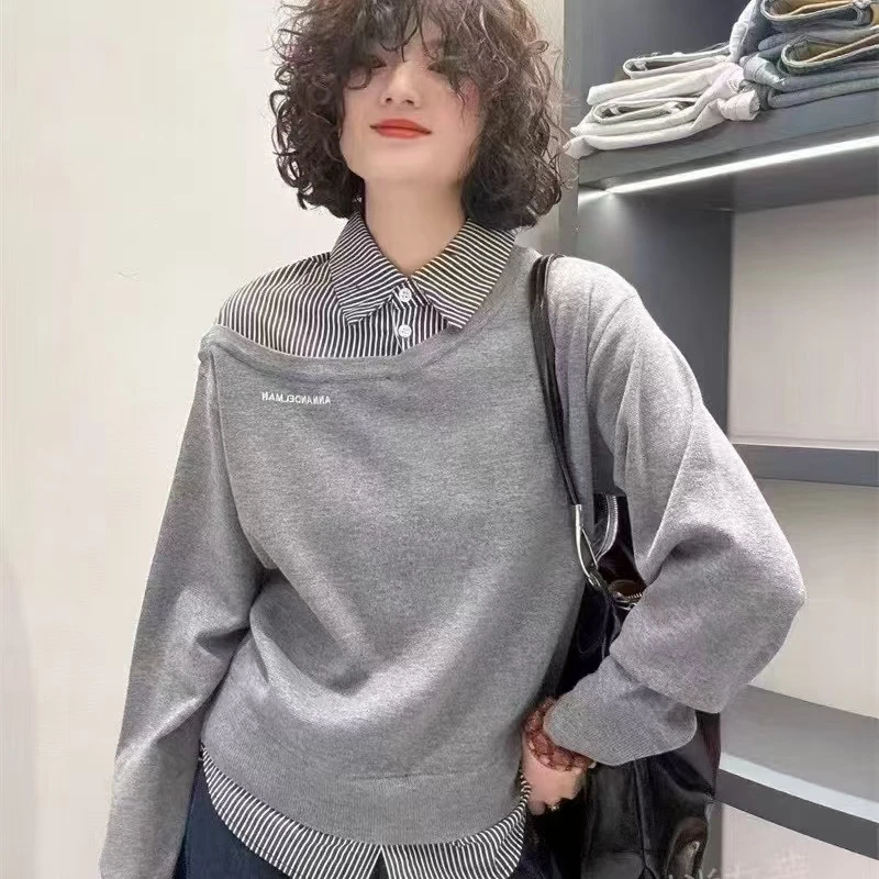 2025秋季新款时尚百搭假两件Polo领拼接条纹针织衬衫女上衣