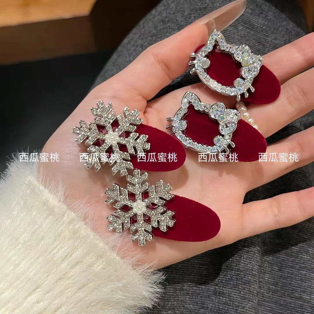 冬日酒红贵气感闪钻KT！雪花发夹秋冬新款圣诞节珍珠雪花边夹