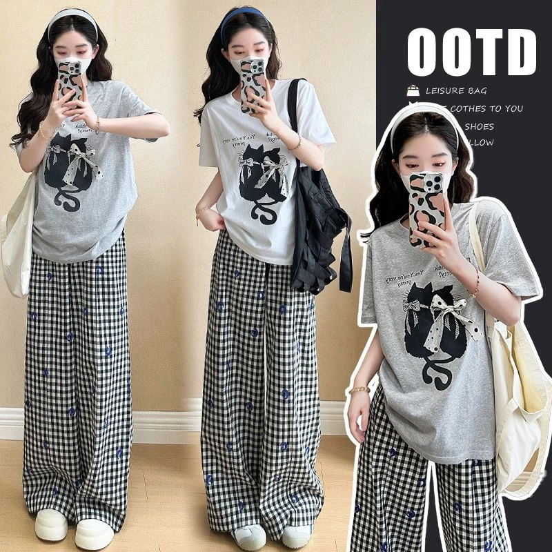 孕妇2025夏季新款韩版宽松休闲印花T恤+抽绳格子裤孕妇套装