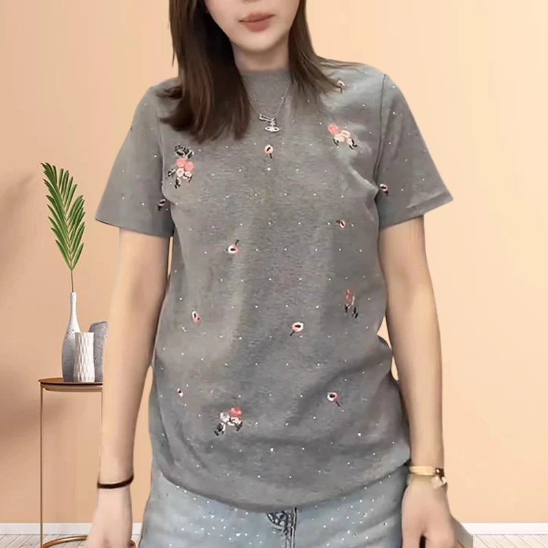 【纯棉】洋气衣服女2025夏季新款减龄圆领重工烫钻花朵印花短袖t恤